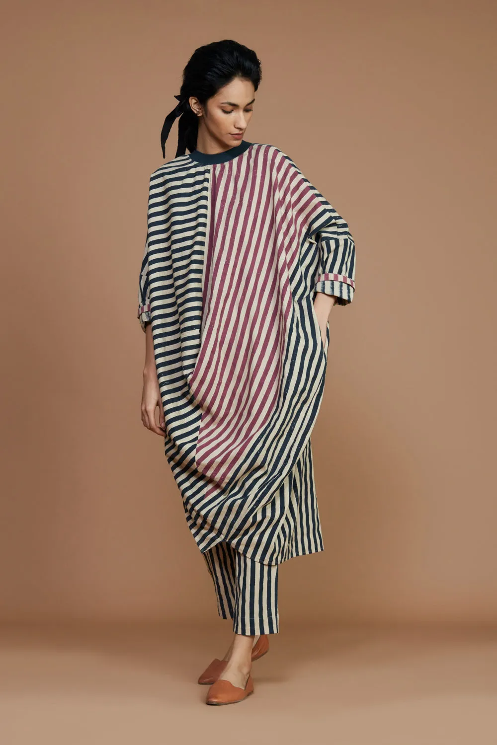 Ribbed Cowl Tunic Striped Ivory Co-Ord Set (2 Pcs)