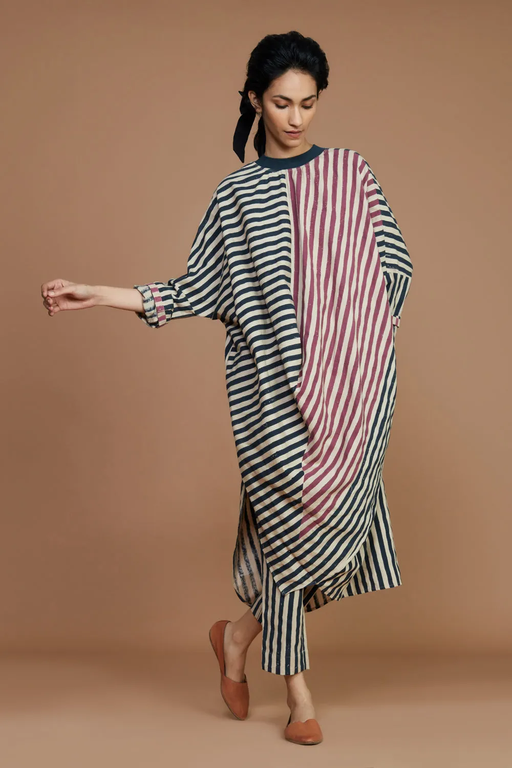 Ribbed Cowl Tunic Striped Ivory Co-Ord Set (2 Pcs)