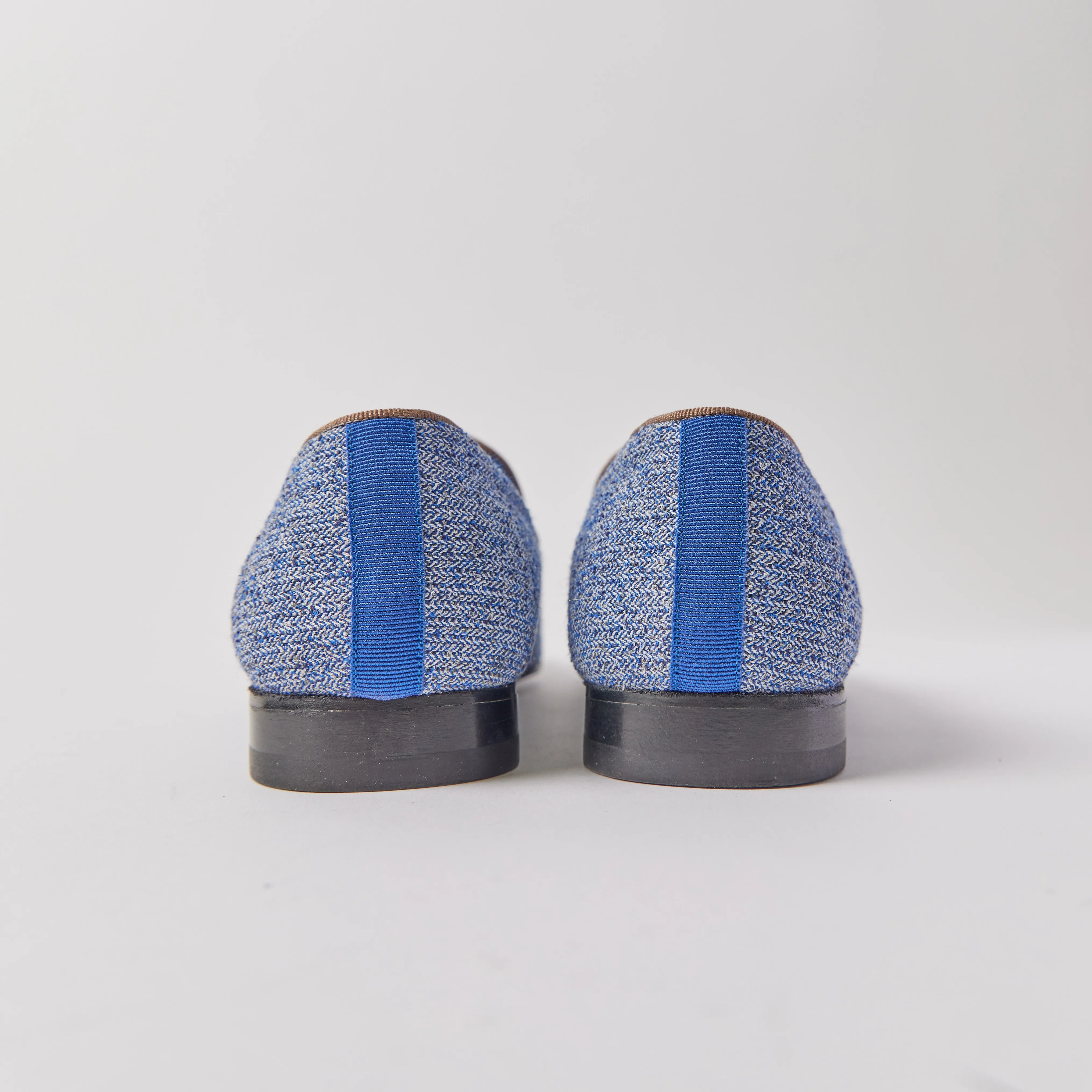 Slipper in Blue Herringbone with Brown Logo
