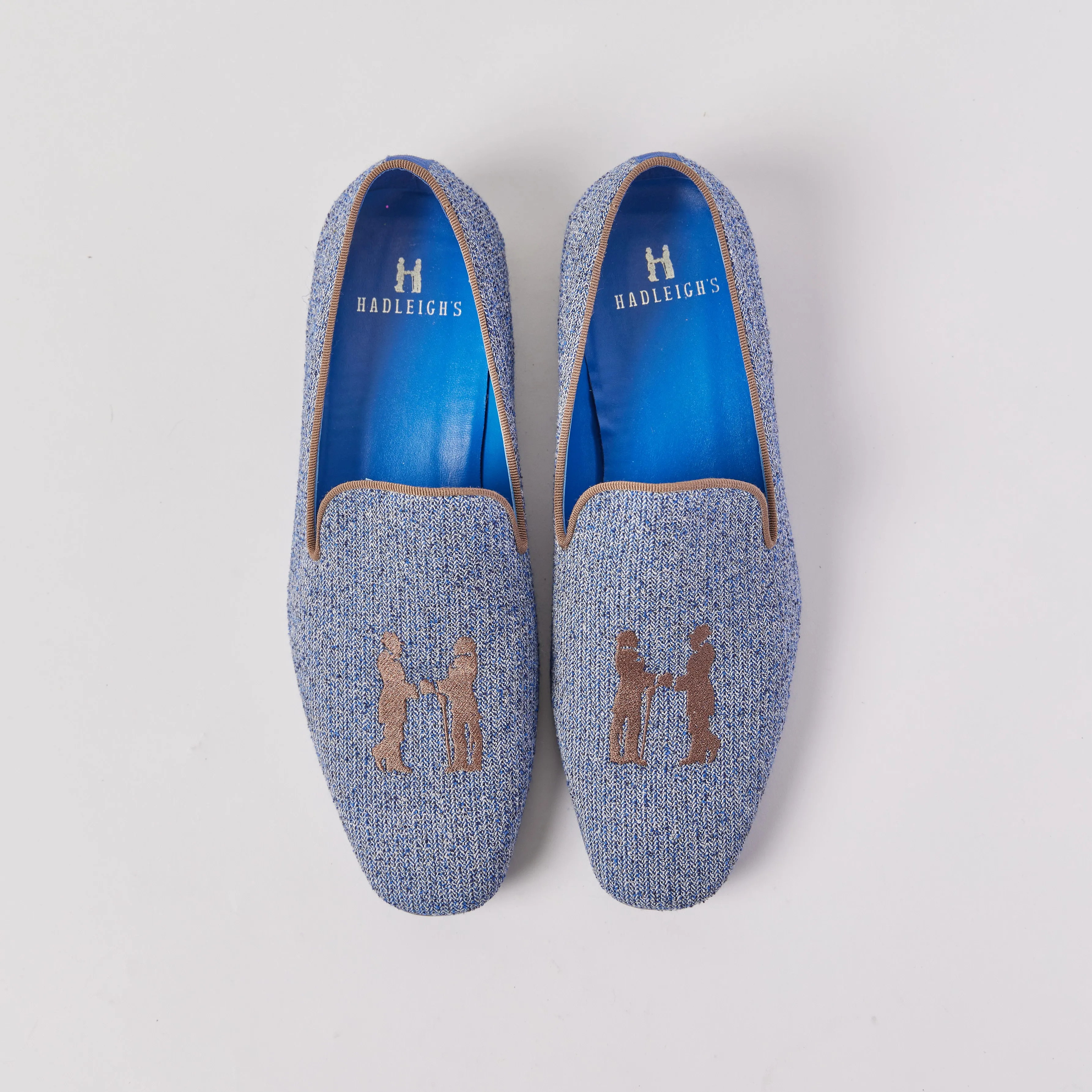 Slipper in Blue Herringbone with Brown Logo