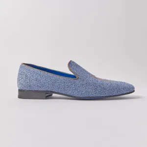 Slipper in Blue Herringbone with Brown Logo