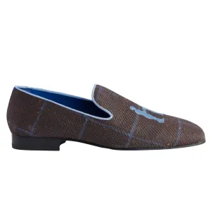 Slipper in Brown Plaid with Blue Logo