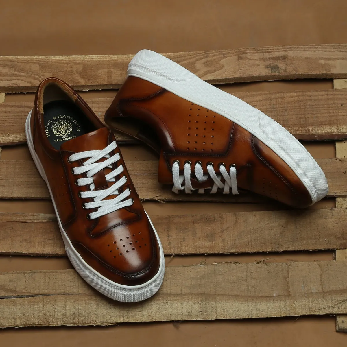 Tan Burnished Leather Low Top Perforated Sneakers by Brune & Bareskin