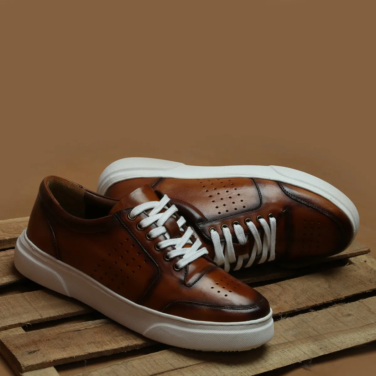 Tan Burnished Leather Low Top Perforated Sneakers by Brune & Bareskin