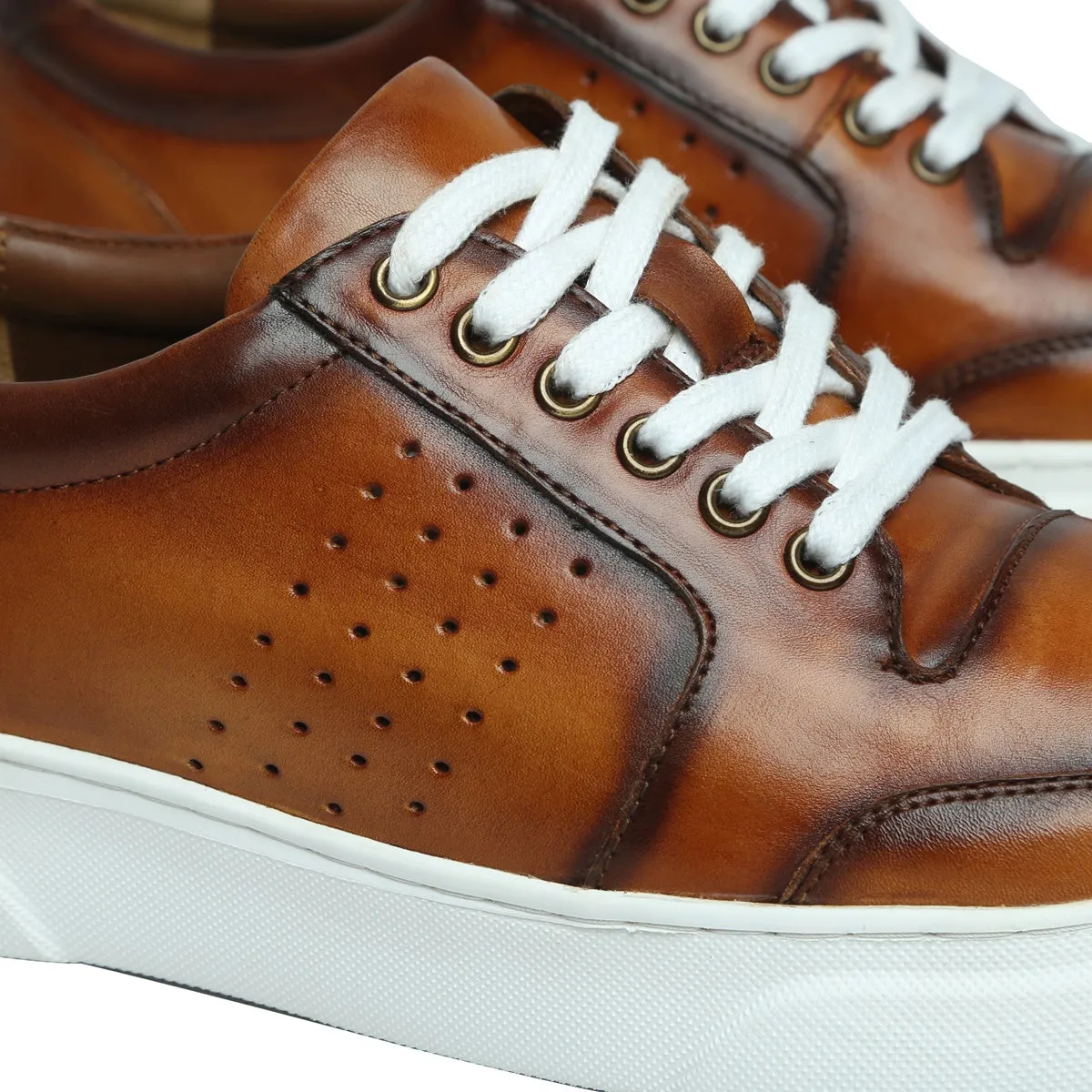 Tan Burnished Leather Low Top Perforated Sneakers by Brune & Bareskin
