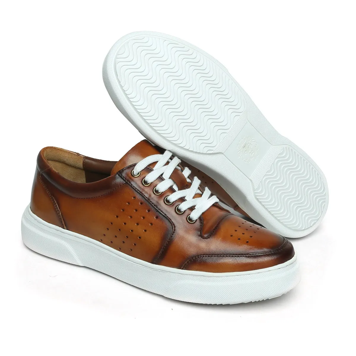 Tan Burnished Leather Low Top Perforated Sneakers by Brune & Bareskin