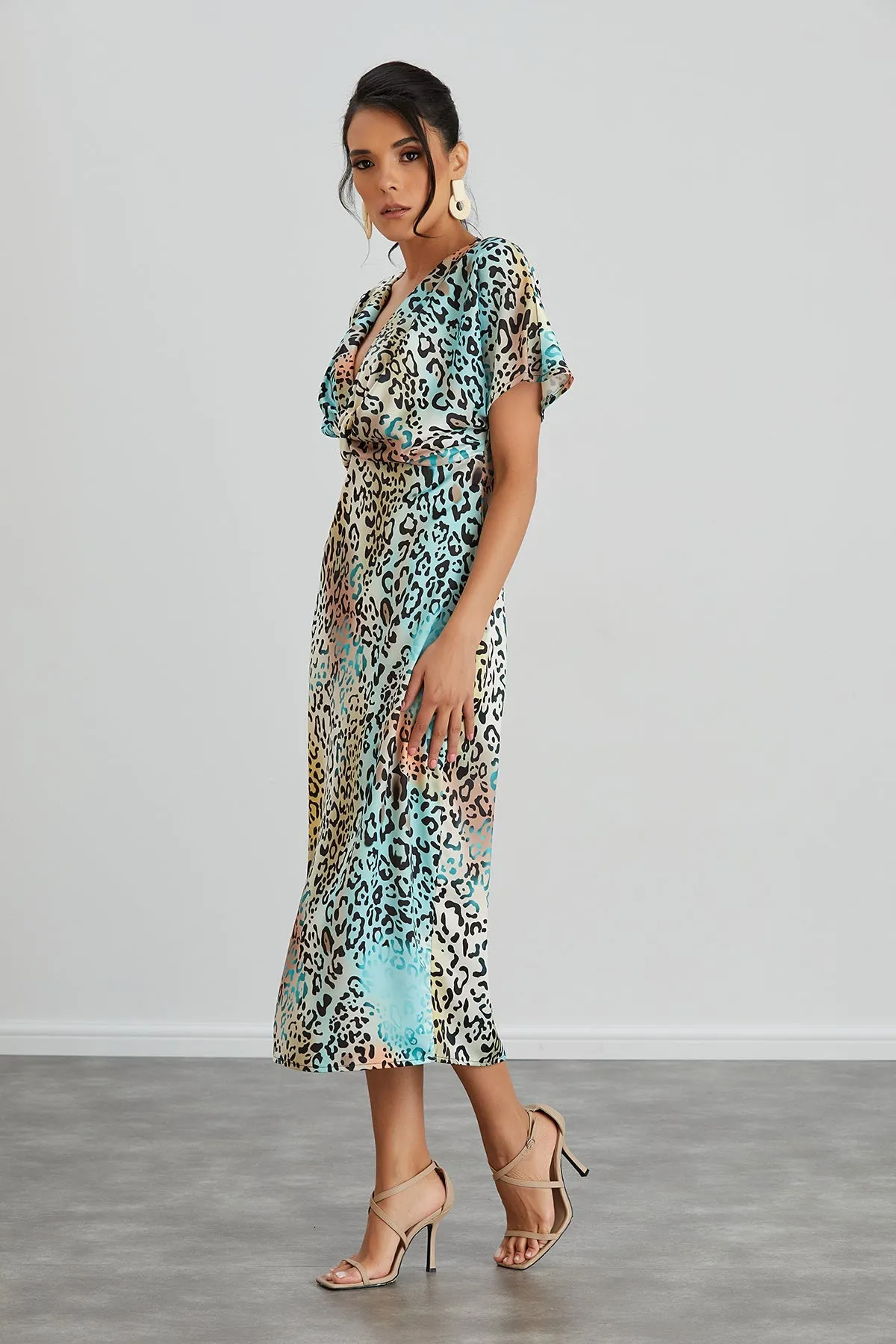 Twist Midi Dress in Mint Leopard print