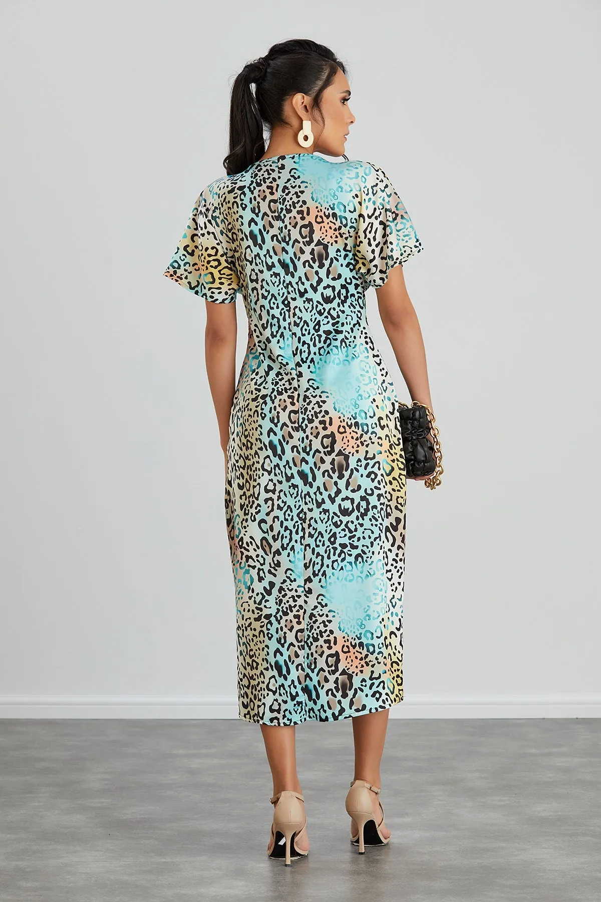 Twist Midi Dress in Mint Leopard print