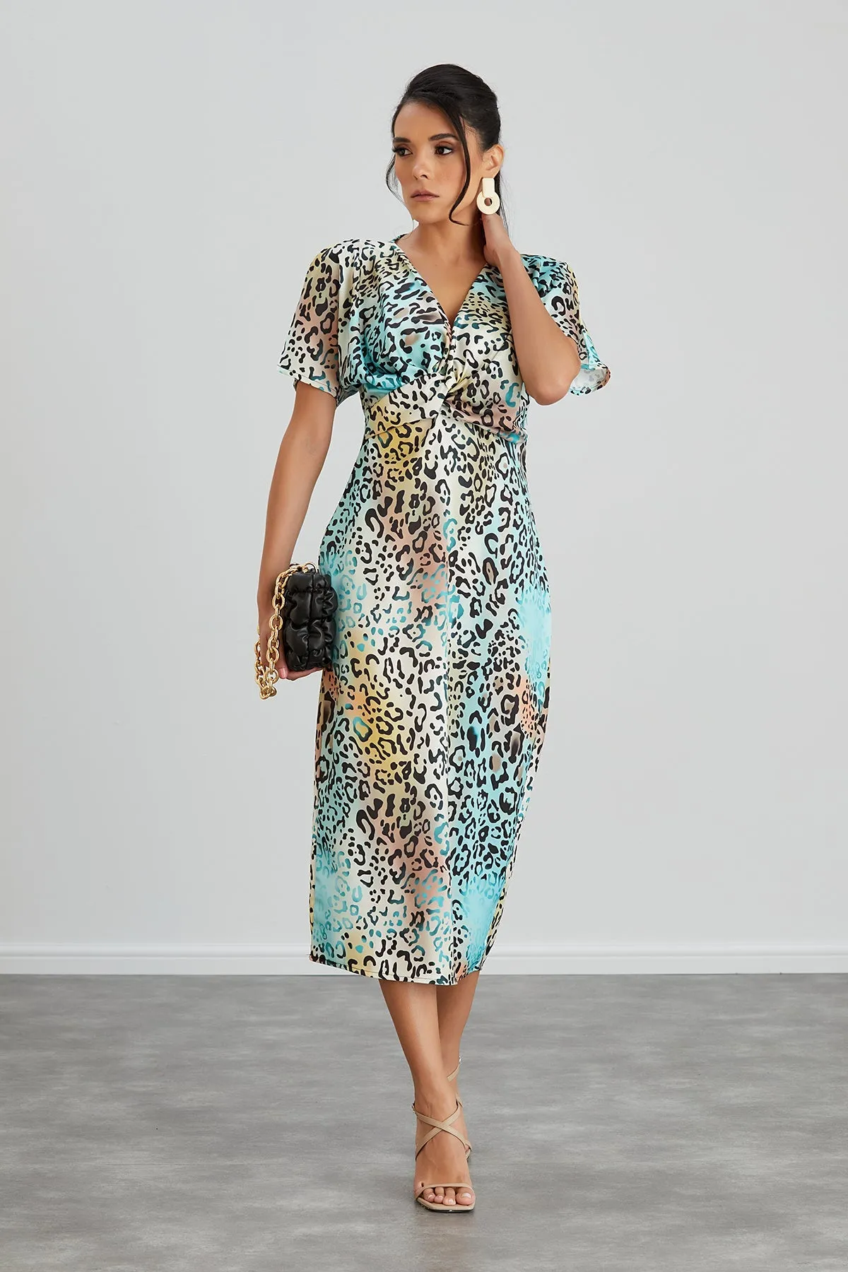 Twist Midi Dress in Mint Leopard print