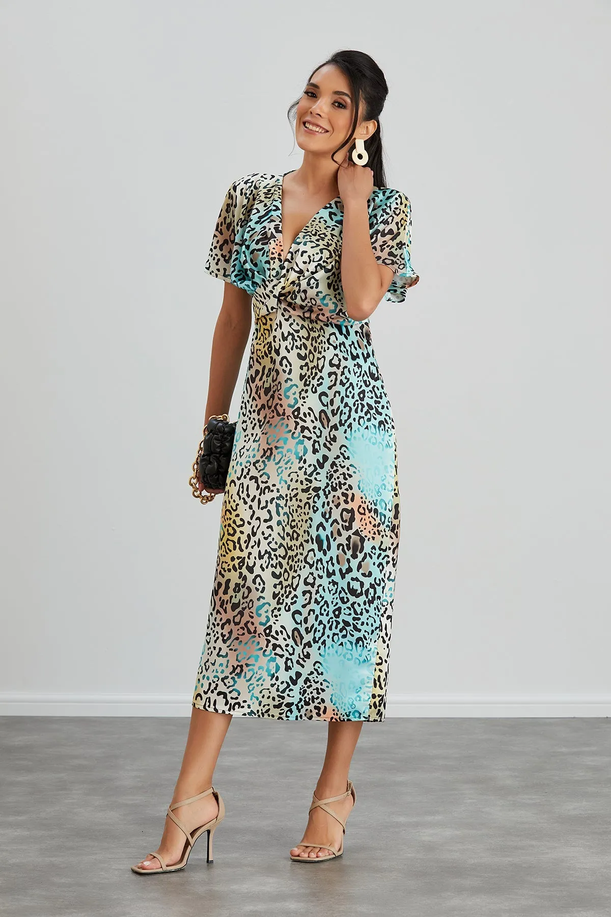 Twist Midi Dress in Mint Leopard print