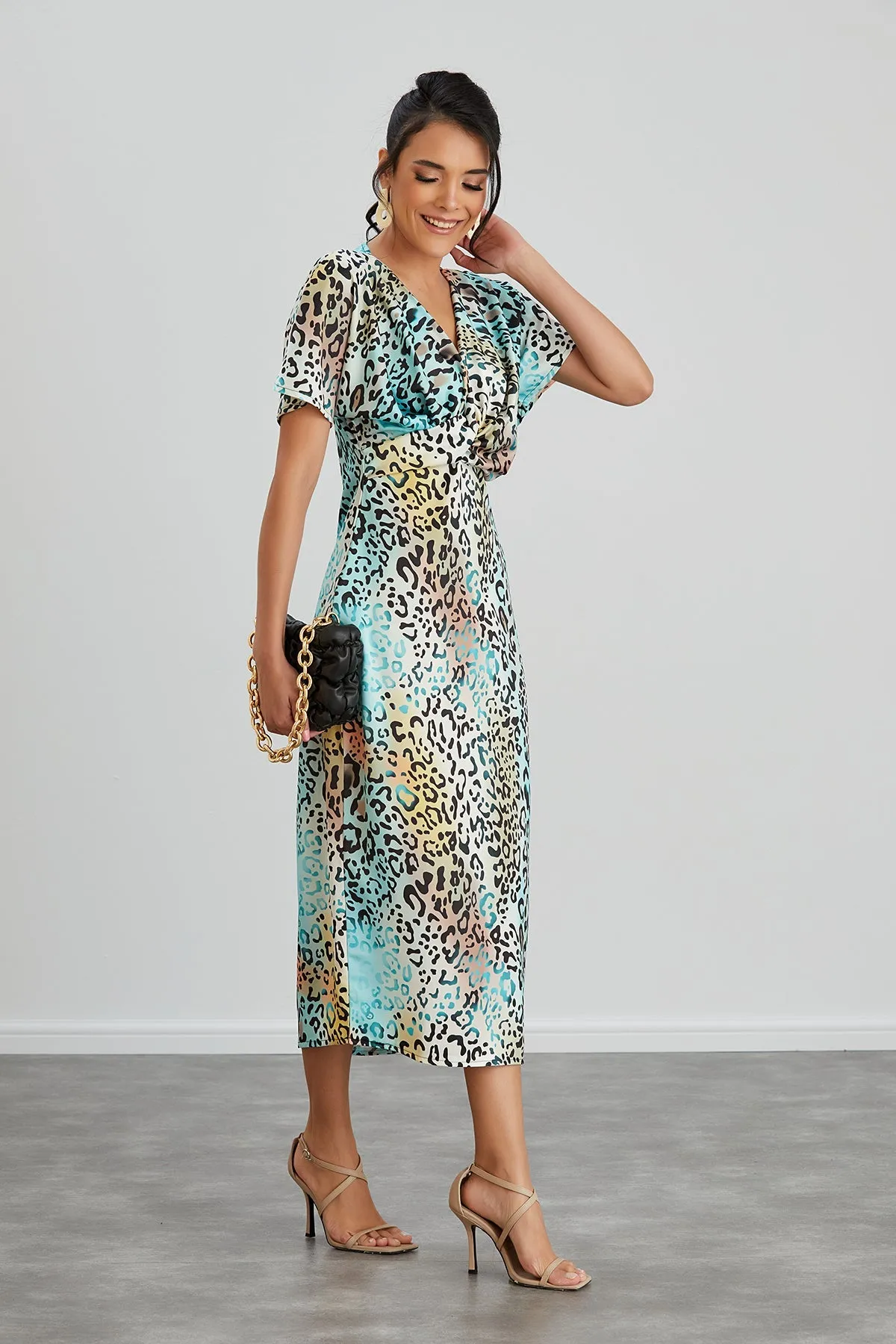Twist Midi Dress in Mint Leopard print