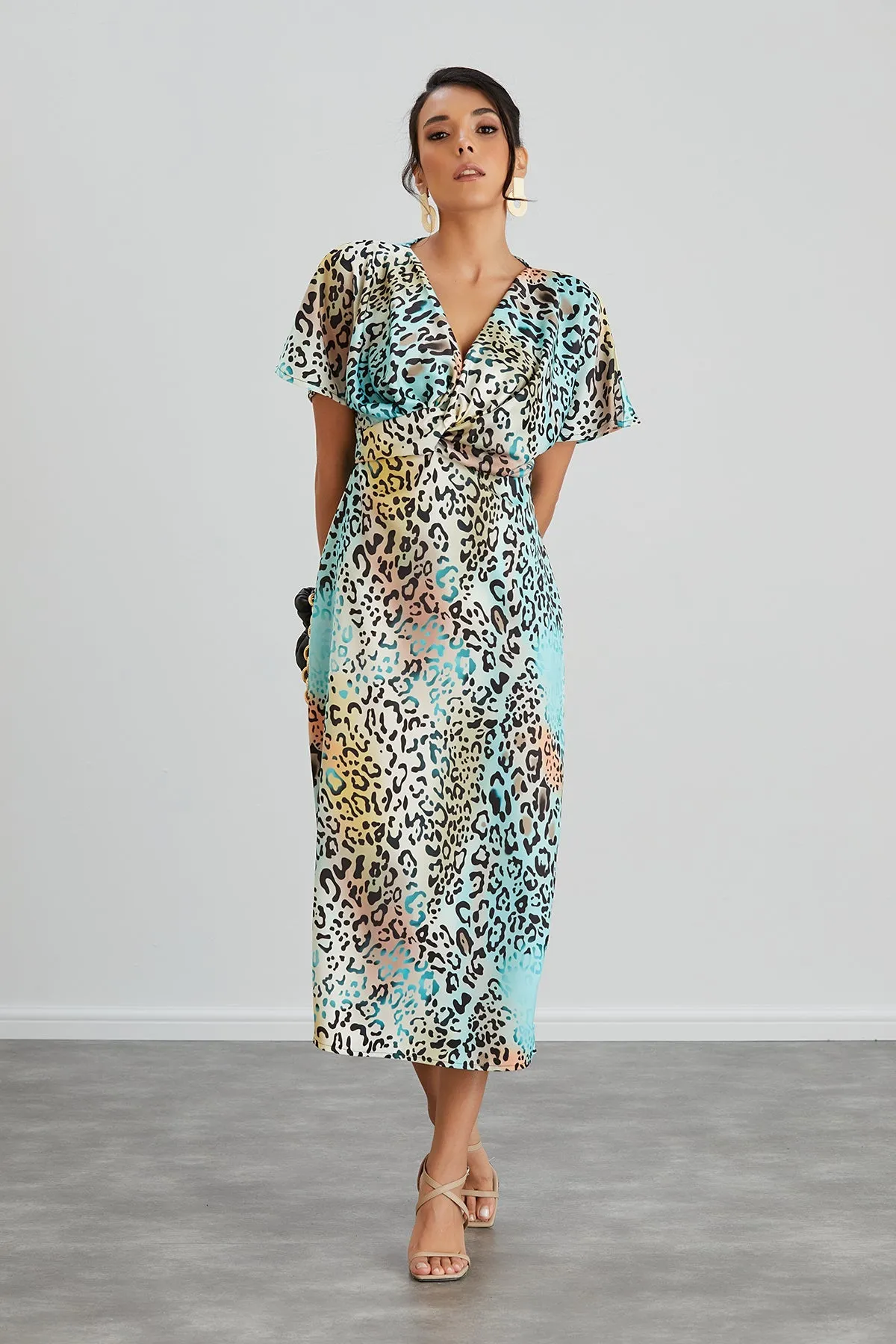 Twist Midi Dress in Mint Leopard print