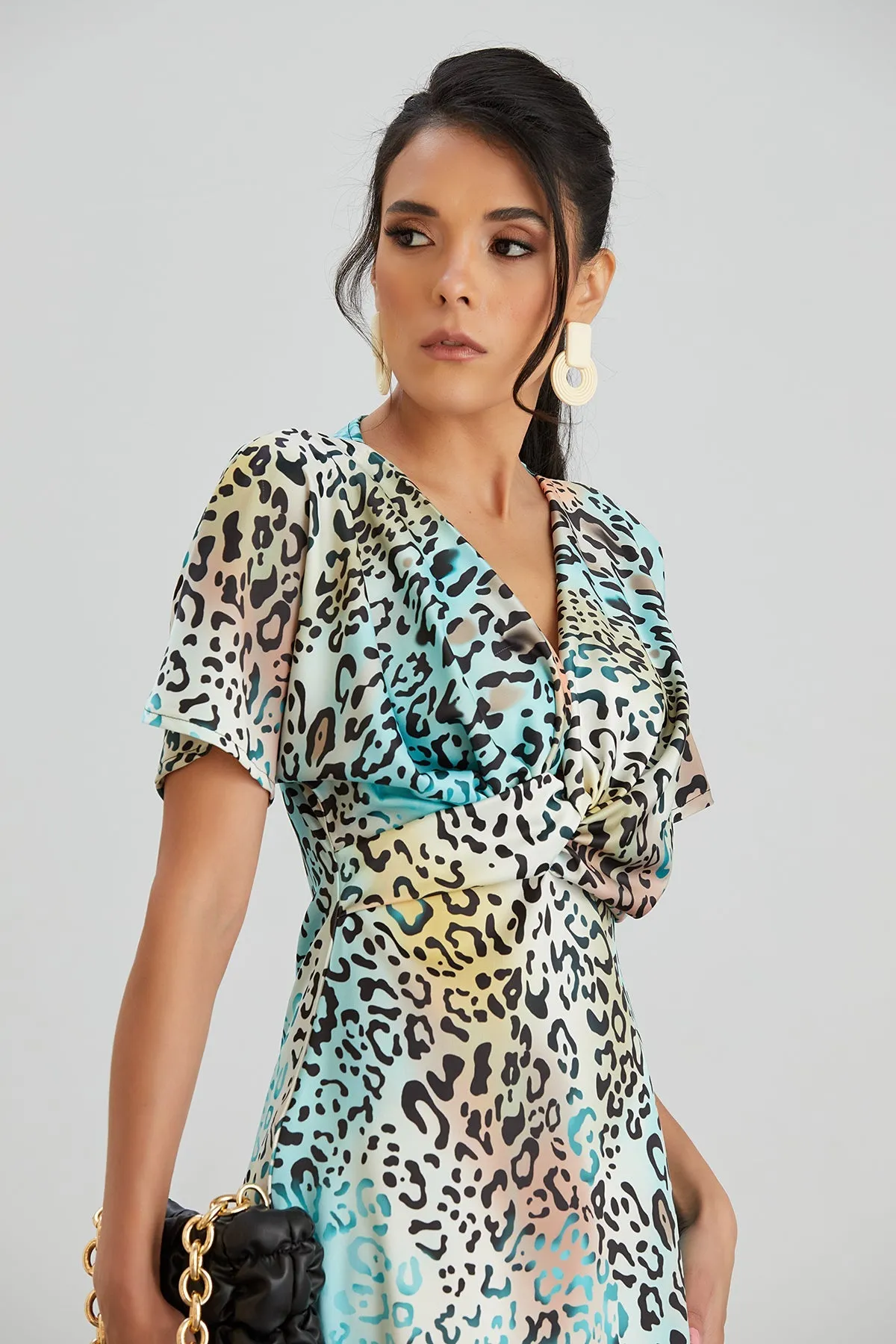 Twist Midi Dress in Mint Leopard print