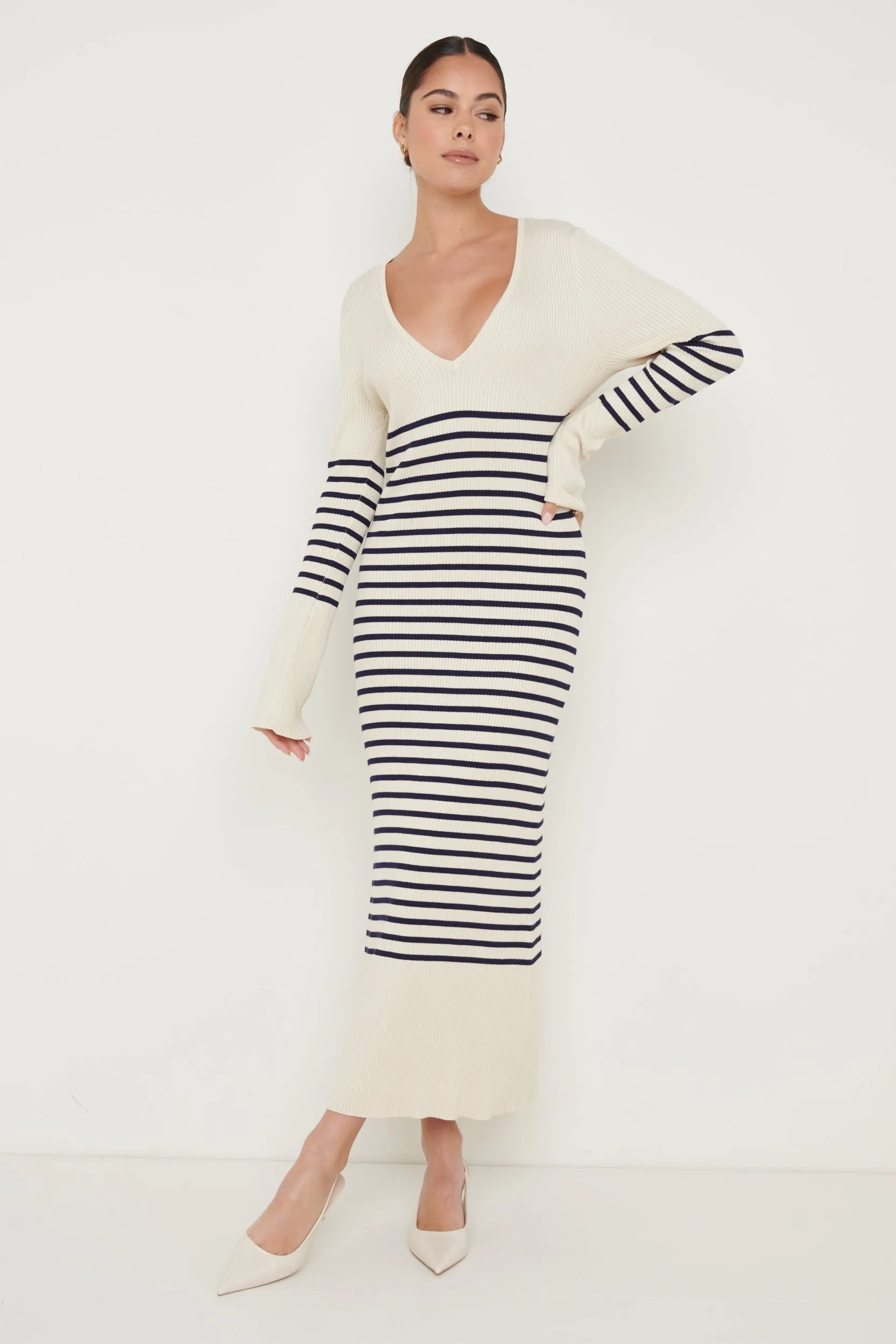 Vanessa Striped Knit Dress - Cream and Blue