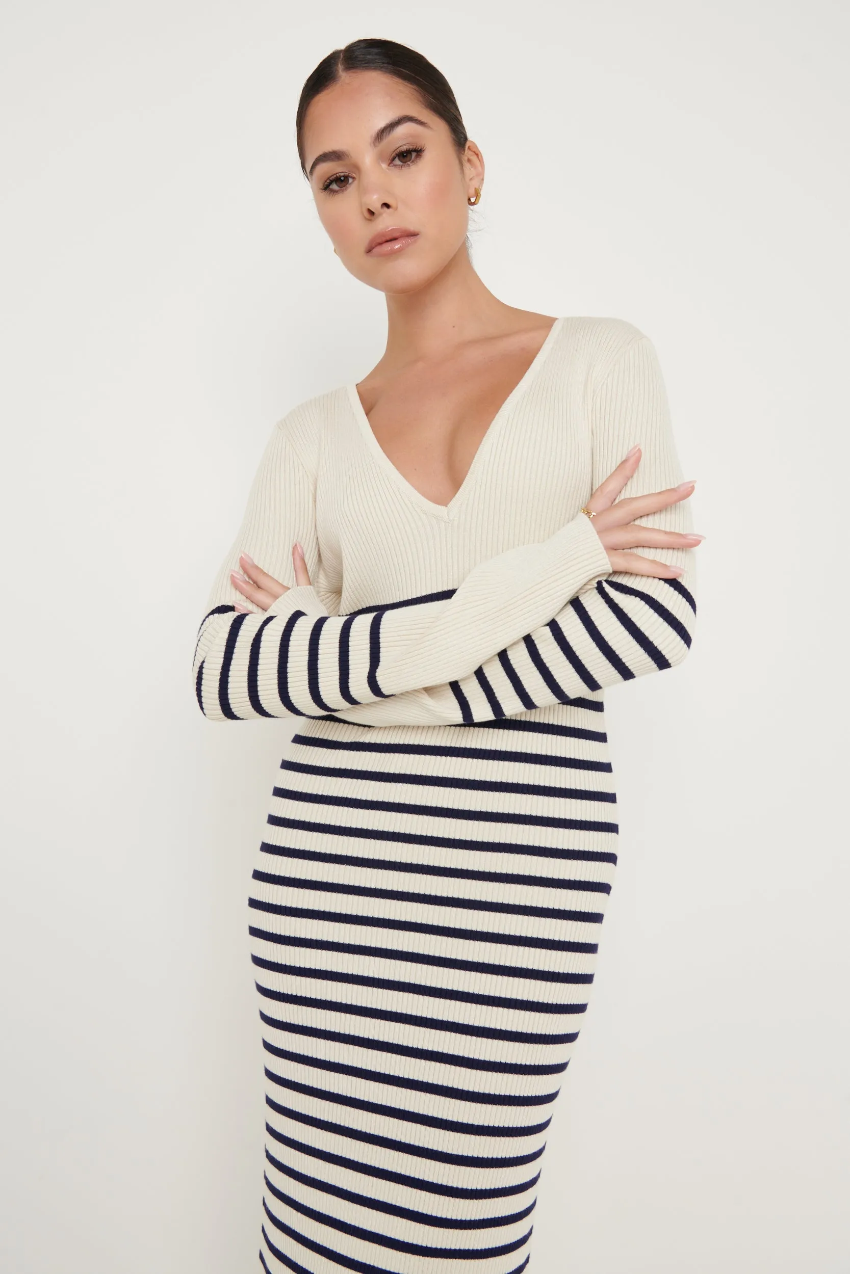 Vanessa Striped Knit Dress - Cream and Blue