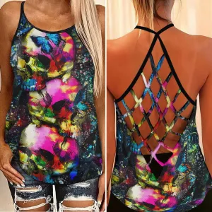Vintage Color Skull Artwork Criss-Cross Open Back Tank Top, Coolest T-Shirt For Women