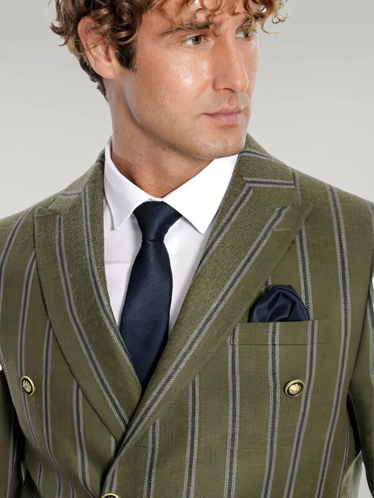 Wide Lapel Striped Double Breasted Green Men Blazer - Wessi
