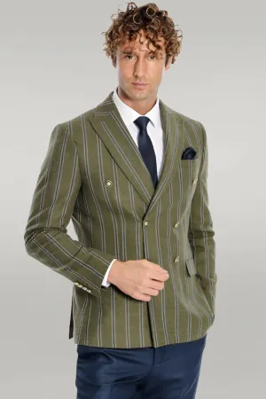 Wide Lapel Striped Double Breasted Green Men Blazer - Wessi