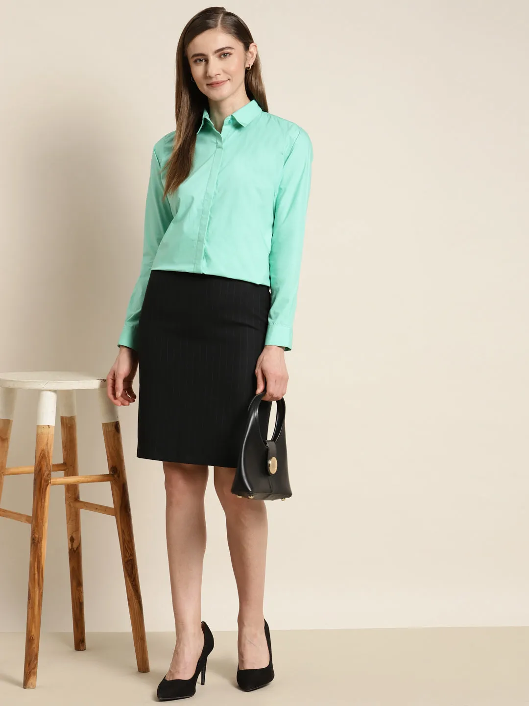 Women Mint Green Solid Pure Cotton Regular Fit Formal Shirt