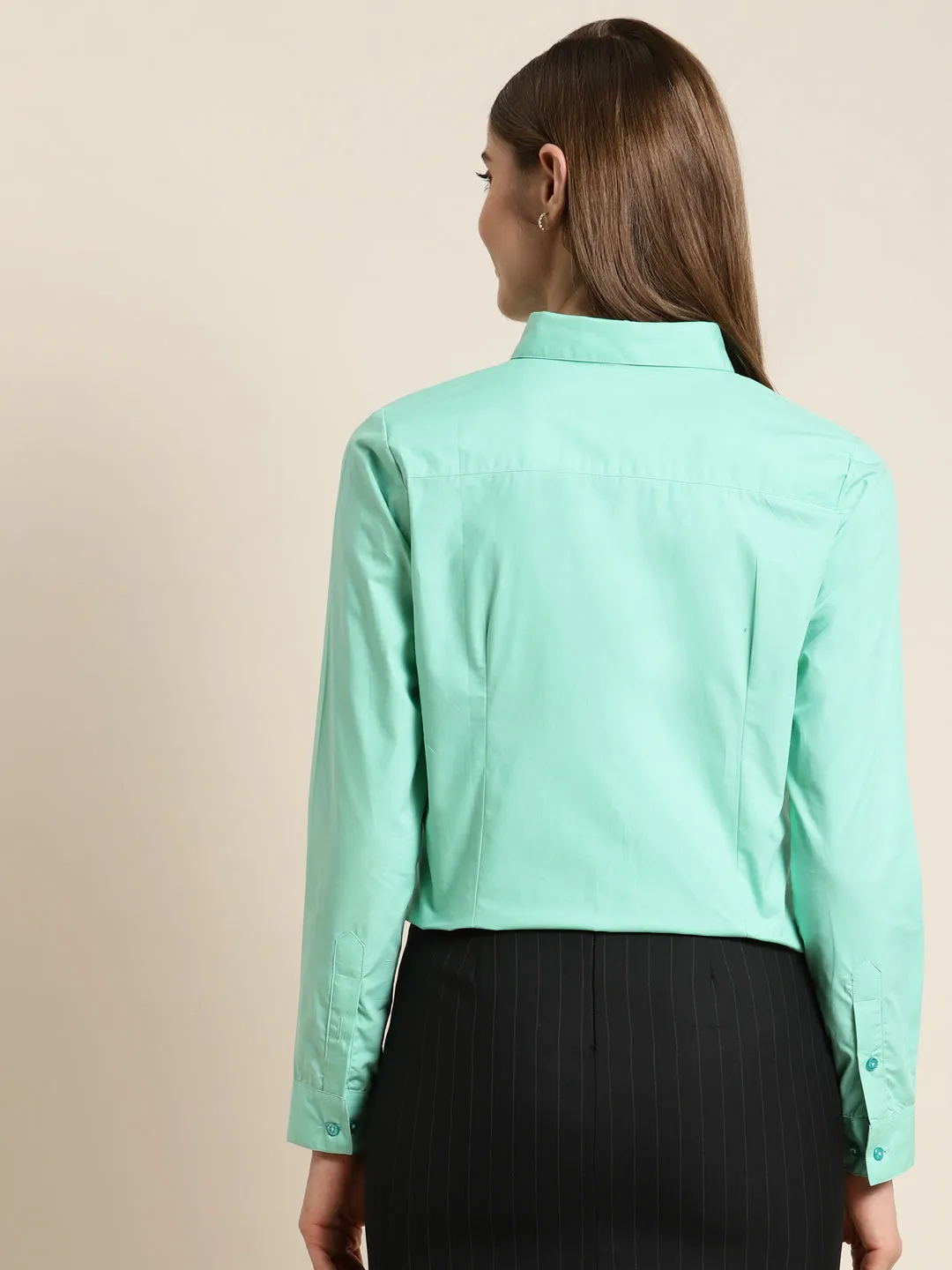 Women Mint Green Solid Pure Cotton Regular Fit Formal Shirt