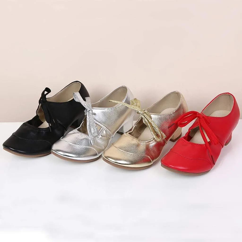 Women's Leather Tap Shoe Latin Dancing Shoes Mid Heel Character Ballroom Wedding Ballet Dance Shoe for Women