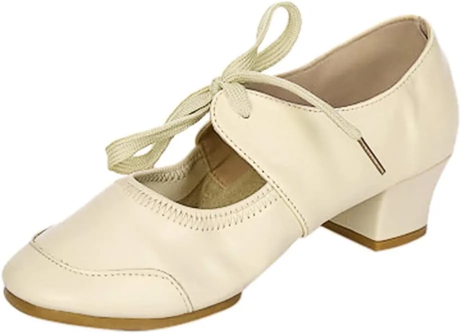 Women's Leather Tap Shoe Latin Dancing Shoes Mid Heel Character Ballroom Wedding Ballet Dance Shoe for Women