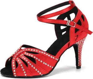 YKXLM Women Rhinestone Ballroom Dance Shoes Latin Performance Dance Shoes Women Suede Sole,L162,3 1/3 inches Heel,Red,7.5 US